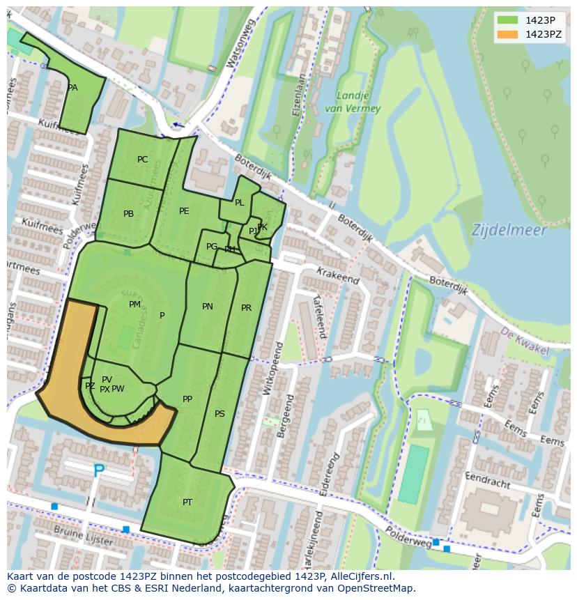 Afbeelding van het postcodegebied 1423 PZ op de kaart.
