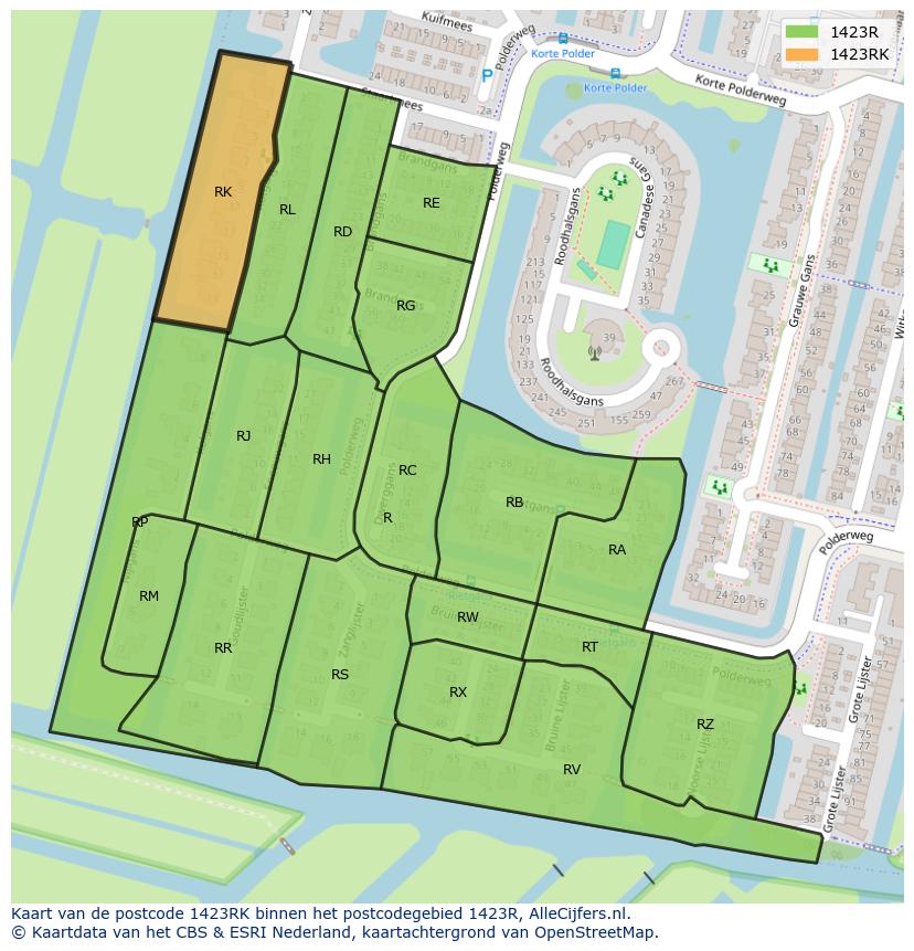 Afbeelding van het postcodegebied 1423 RK op de kaart.
