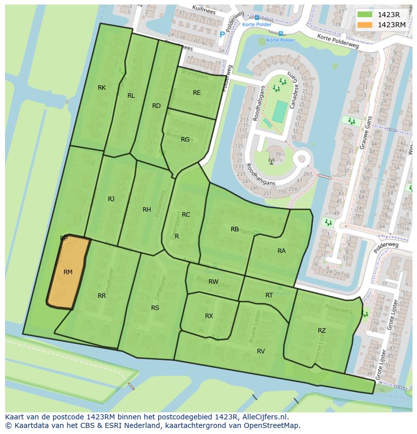 Afbeelding van het postcodegebied 1423 RM op de kaart.