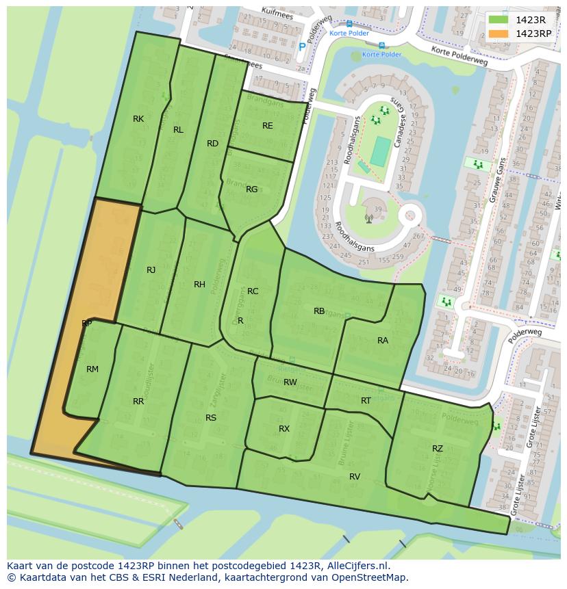 Afbeelding van het postcodegebied 1423 RP op de kaart.