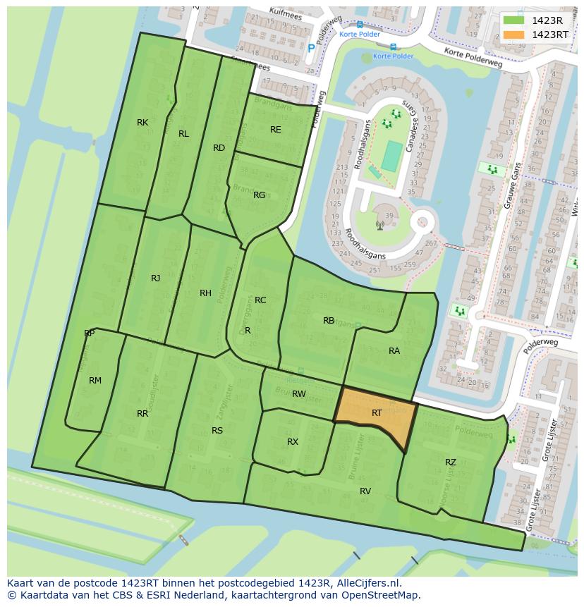 Afbeelding van het postcodegebied 1423 RT op de kaart.