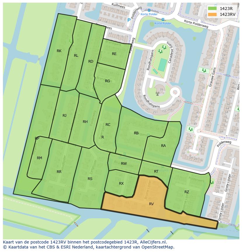 Afbeelding van het postcodegebied 1423 RV op de kaart.