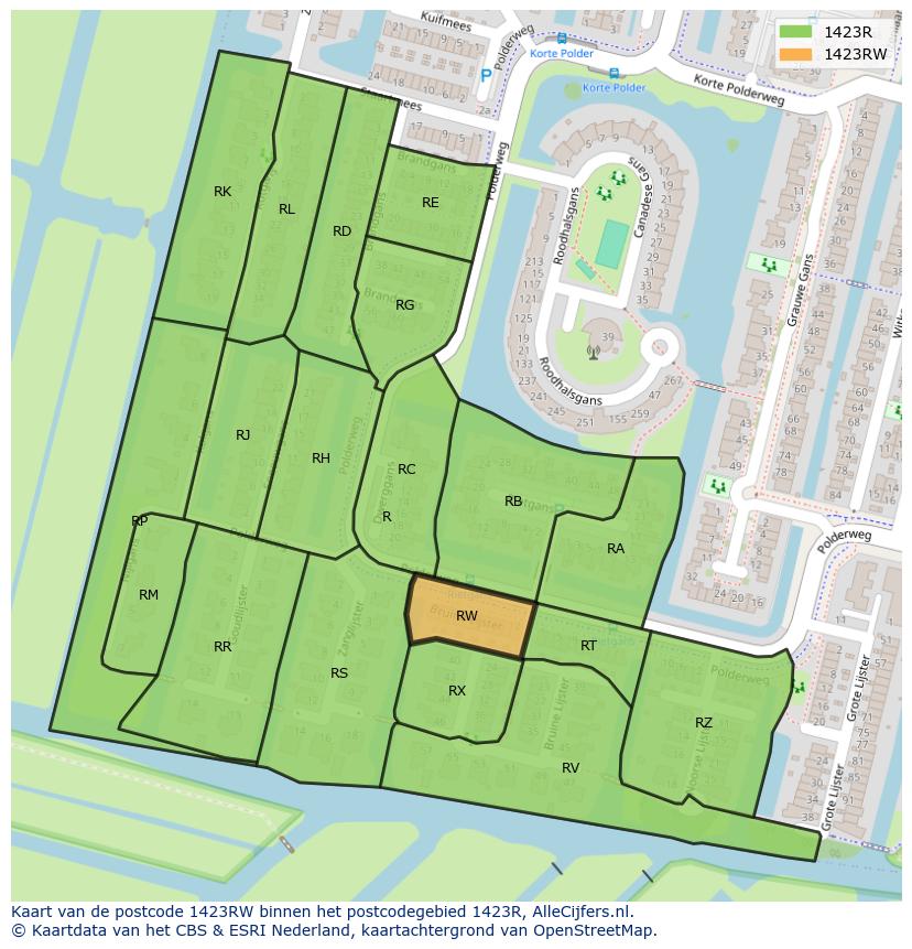 Afbeelding van het postcodegebied 1423 RW op de kaart.