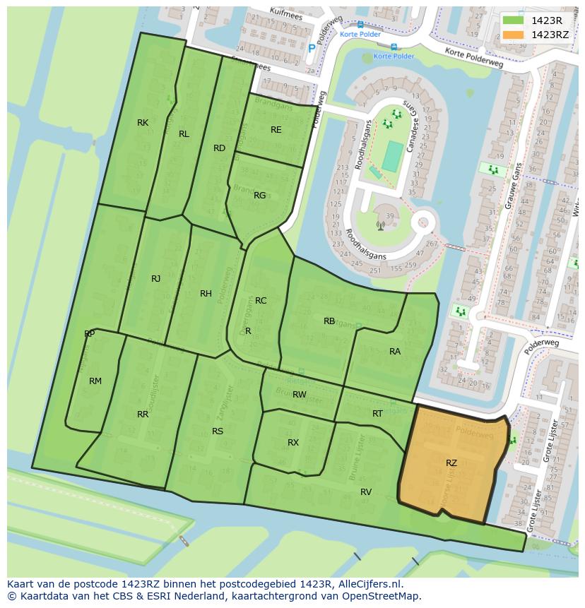 Afbeelding van het postcodegebied 1423 RZ op de kaart.