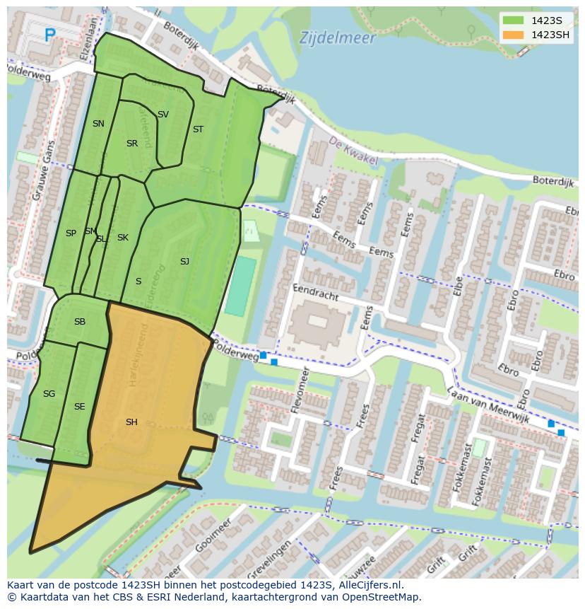 Afbeelding van het postcodegebied 1423 SH op de kaart.