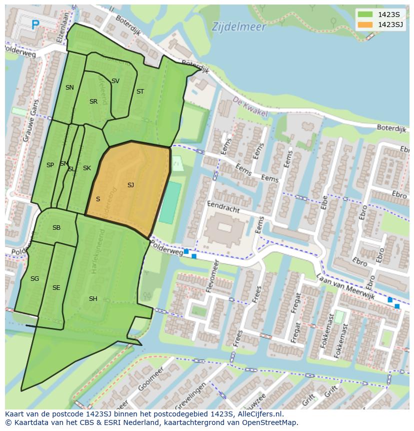 Afbeelding van het postcodegebied 1423 SJ op de kaart.