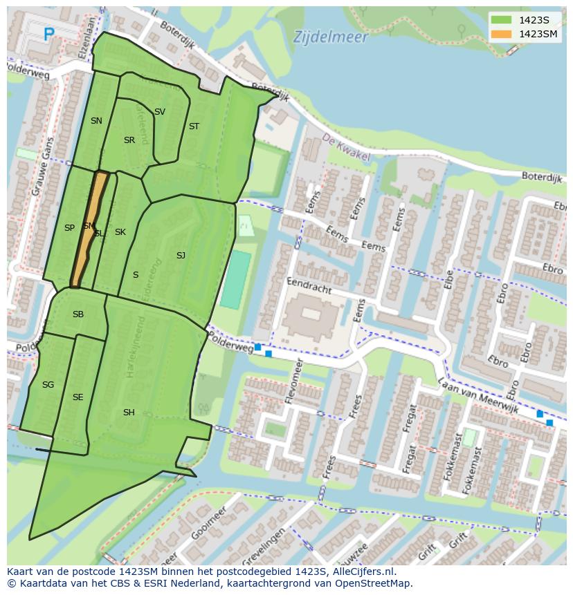 Afbeelding van het postcodegebied 1423 SM op de kaart.
