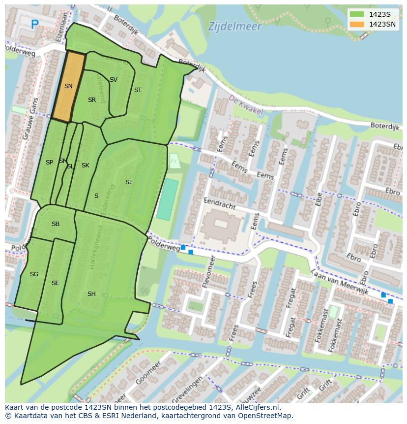 Afbeelding van het postcodegebied 1423 SN op de kaart.