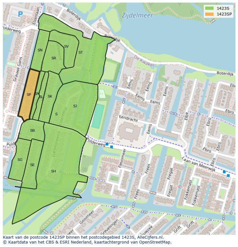 Afbeelding van het postcodegebied 1423 SP op de kaart.