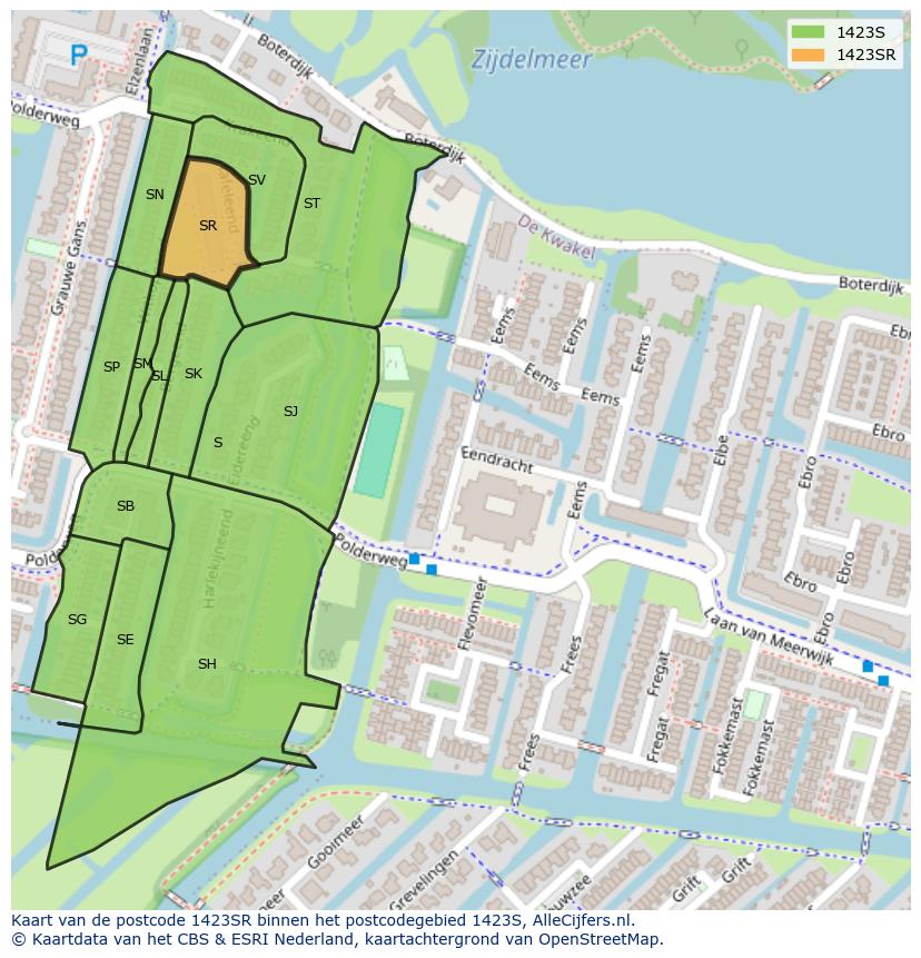 Afbeelding van het postcodegebied 1423 SR op de kaart.