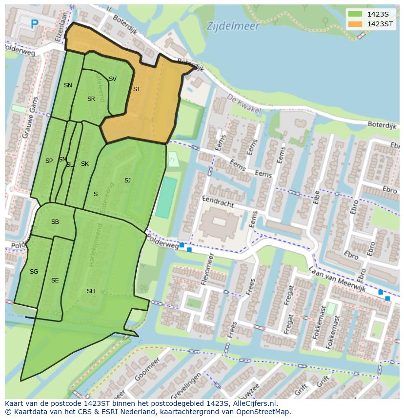 Afbeelding van het postcodegebied 1423 ST op de kaart.