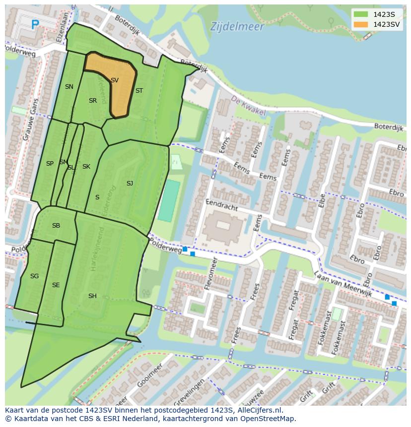 Afbeelding van het postcodegebied 1423 SV op de kaart.