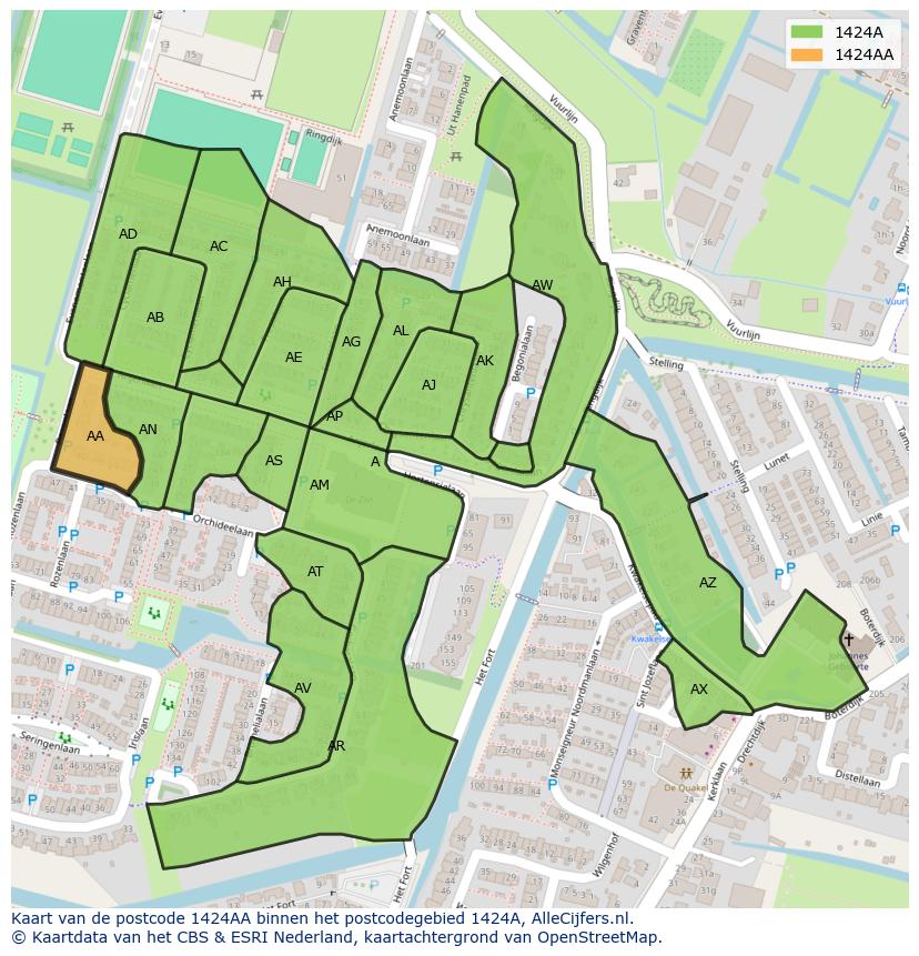 Afbeelding van het postcodegebied 1424 AA op de kaart.