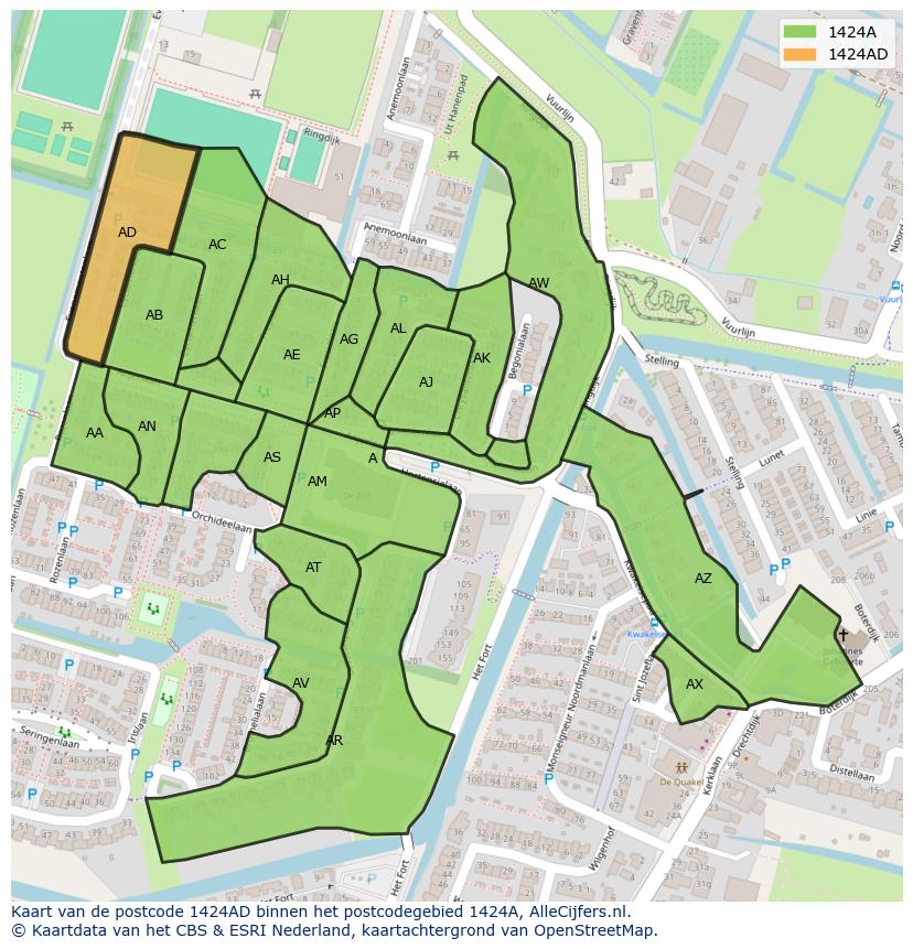 Afbeelding van het postcodegebied 1424 AD op de kaart.