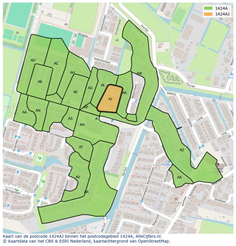Afbeelding van het postcodegebied 1424 AJ op de kaart.