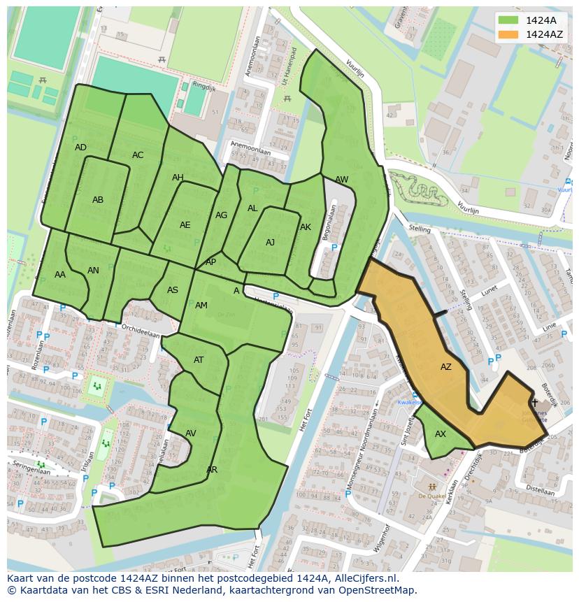 Afbeelding van het postcodegebied 1424 AZ op de kaart.
