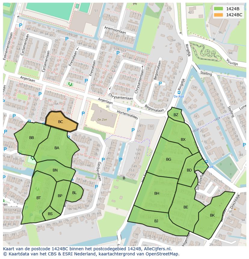 Afbeelding van het postcodegebied 1424 BC op de kaart.
