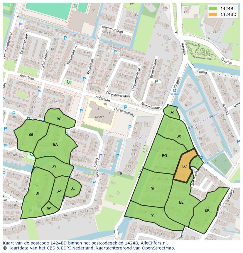 Afbeelding van het postcodegebied 1424 BD op de kaart.