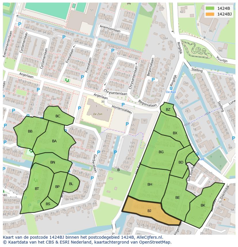 Afbeelding van het postcodegebied 1424 BJ op de kaart.