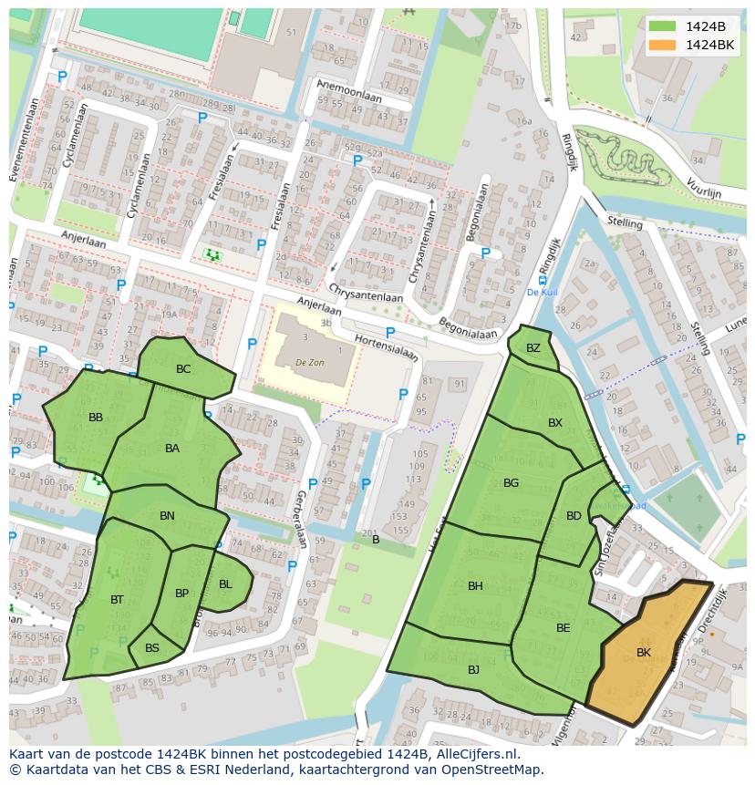 Afbeelding van het postcodegebied 1424 BK op de kaart.
