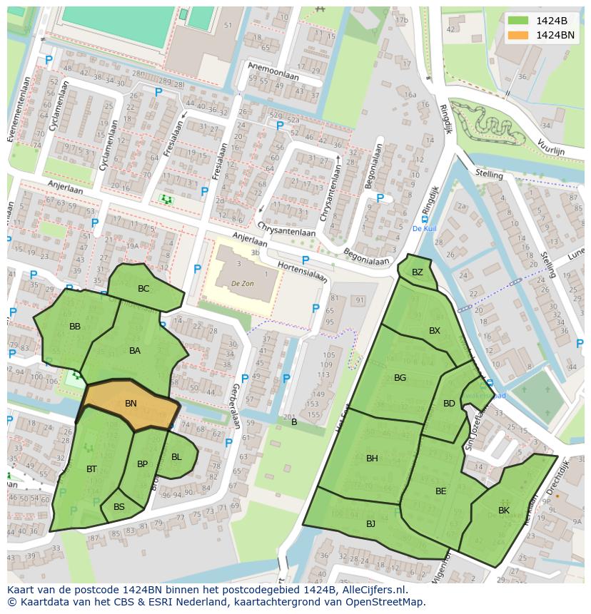 Afbeelding van het postcodegebied 1424 BN op de kaart.