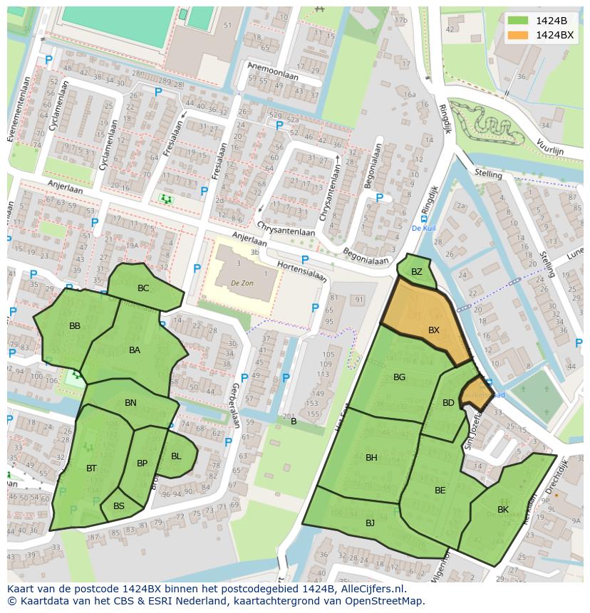 Afbeelding van het postcodegebied 1424 BX op de kaart.