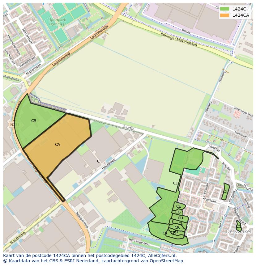 Afbeelding van het postcodegebied 1424 CA op de kaart.
