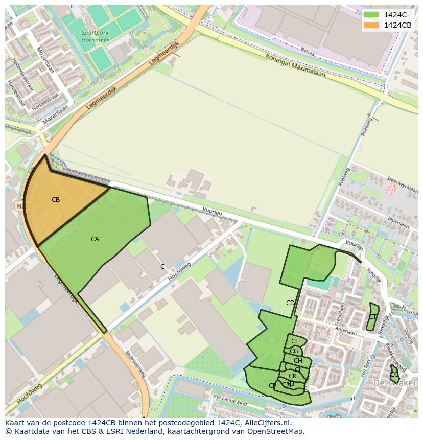 Afbeelding van het postcodegebied 1424 CB op de kaart.