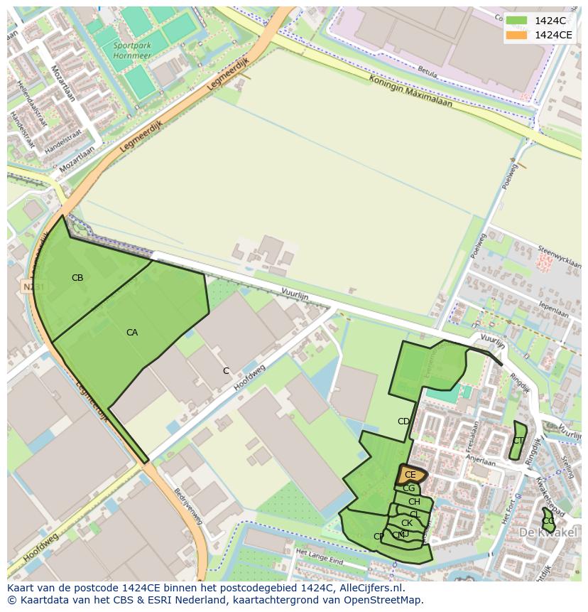 Afbeelding van het postcodegebied 1424 CE op de kaart.