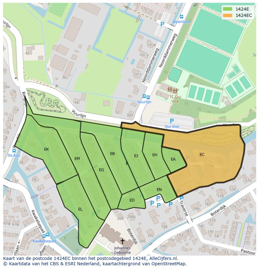 Afbeelding van het postcodegebied 1424 EC op de kaart.