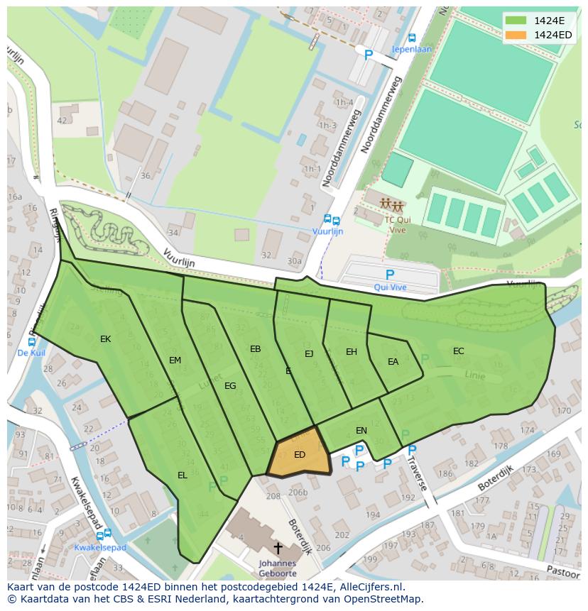 Afbeelding van het postcodegebied 1424 ED op de kaart.