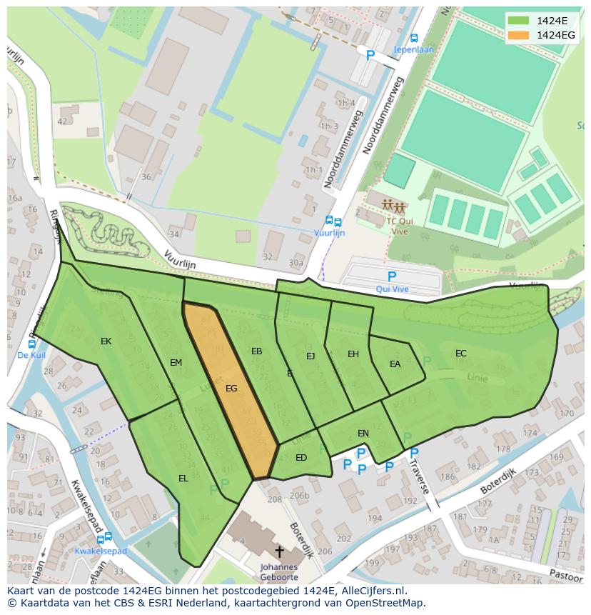 Afbeelding van het postcodegebied 1424 EG op de kaart.