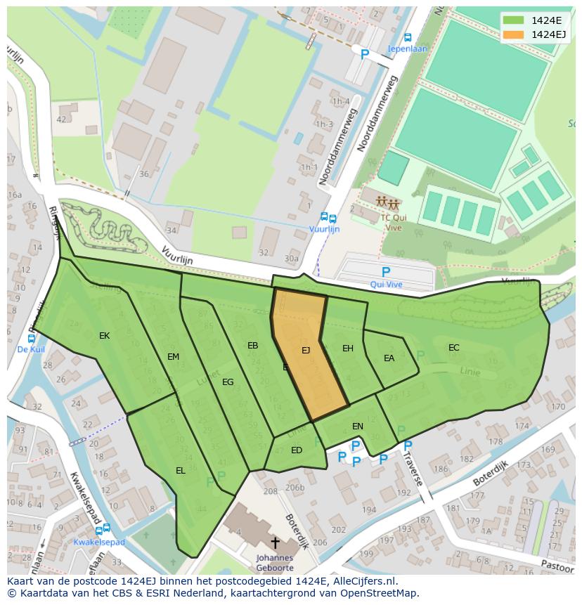 Afbeelding van het postcodegebied 1424 EJ op de kaart.