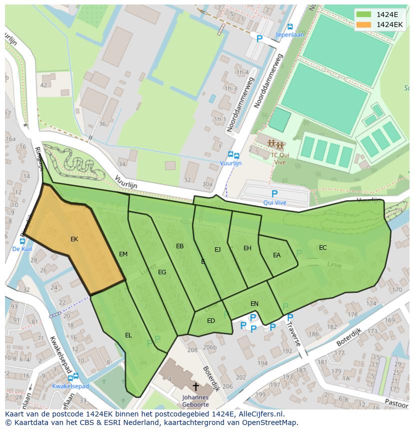 Afbeelding van het postcodegebied 1424 EK op de kaart.