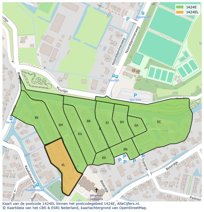 Afbeelding van het postcodegebied 1424 EL op de kaart.