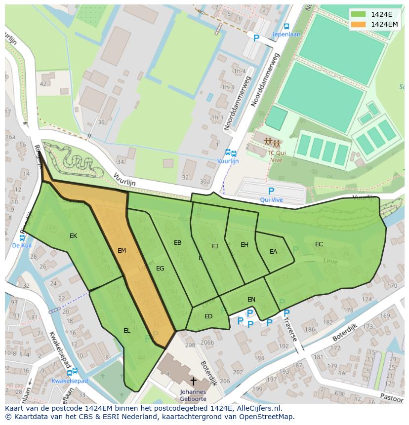 Afbeelding van het postcodegebied 1424 EM op de kaart.