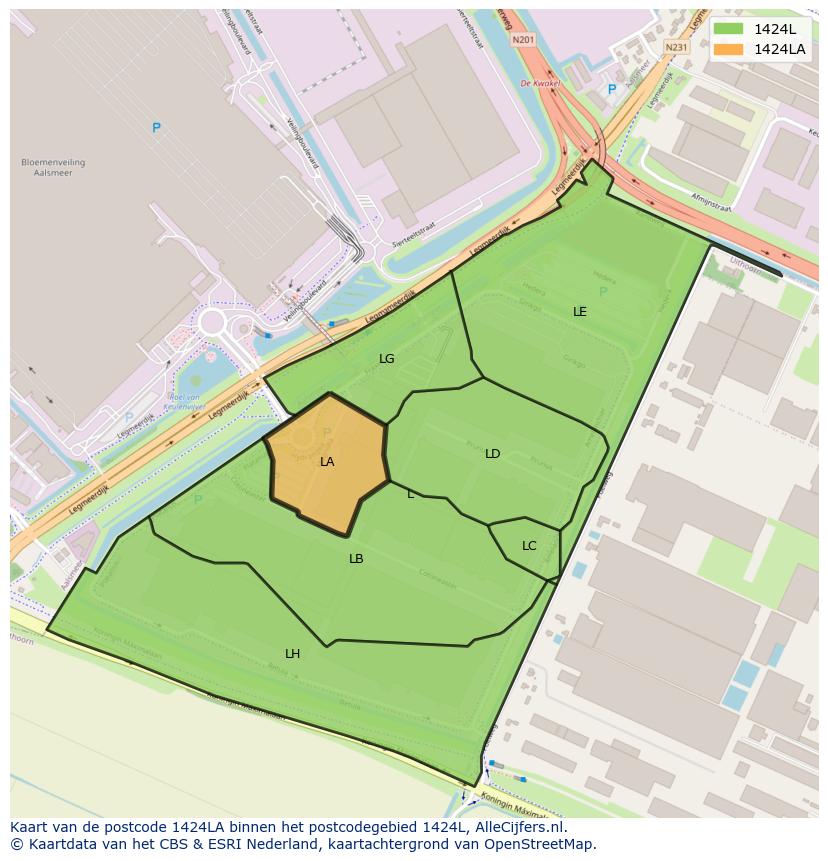 Afbeelding van het postcodegebied 1424 LA op de kaart.