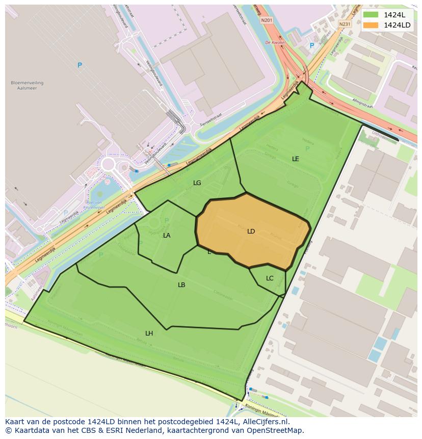 Afbeelding van het postcodegebied 1424 LD op de kaart.