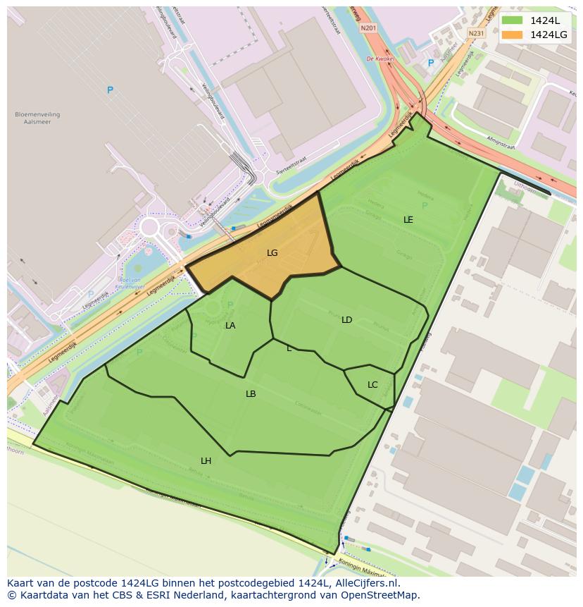 Afbeelding van het postcodegebied 1424 LG op de kaart.