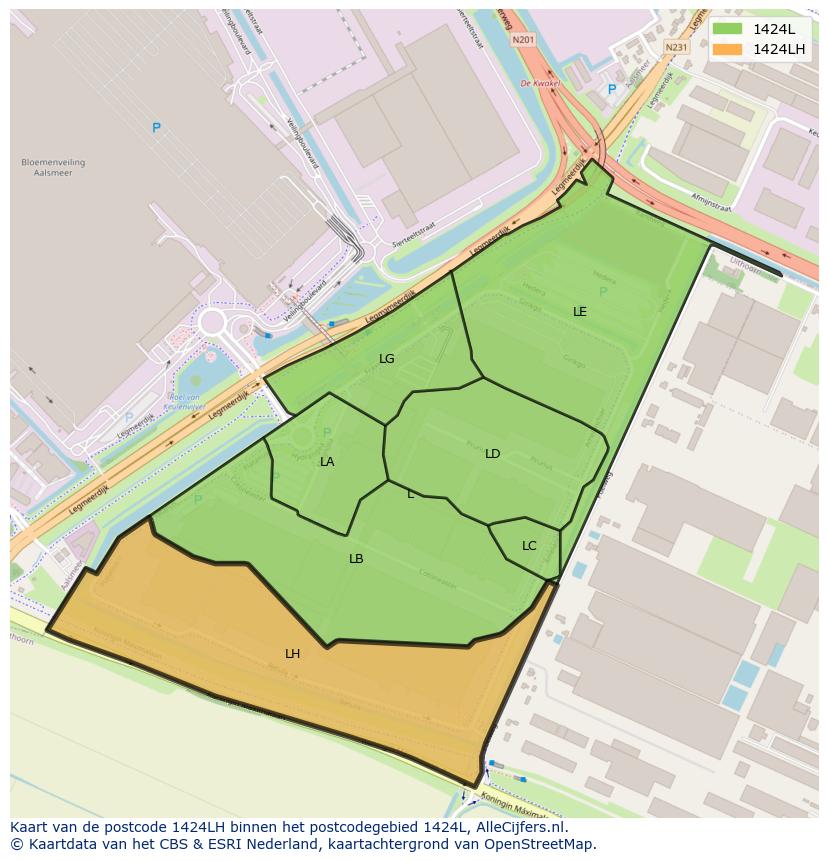 Afbeelding van het postcodegebied 1424 LH op de kaart.