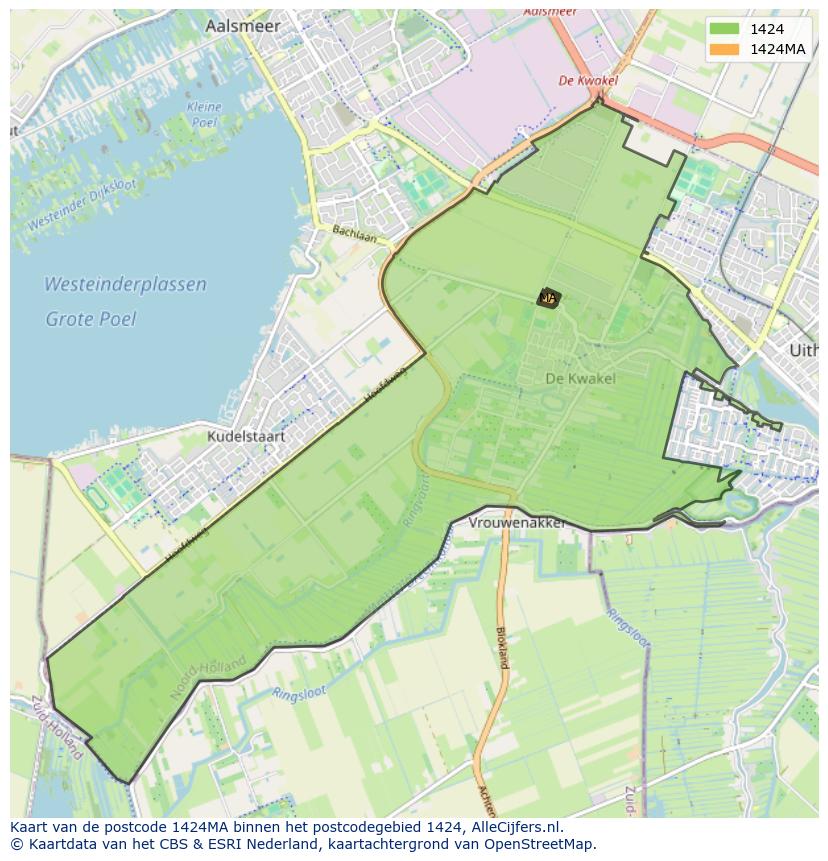 Afbeelding van het postcodegebied 1424 MA op de kaart.
