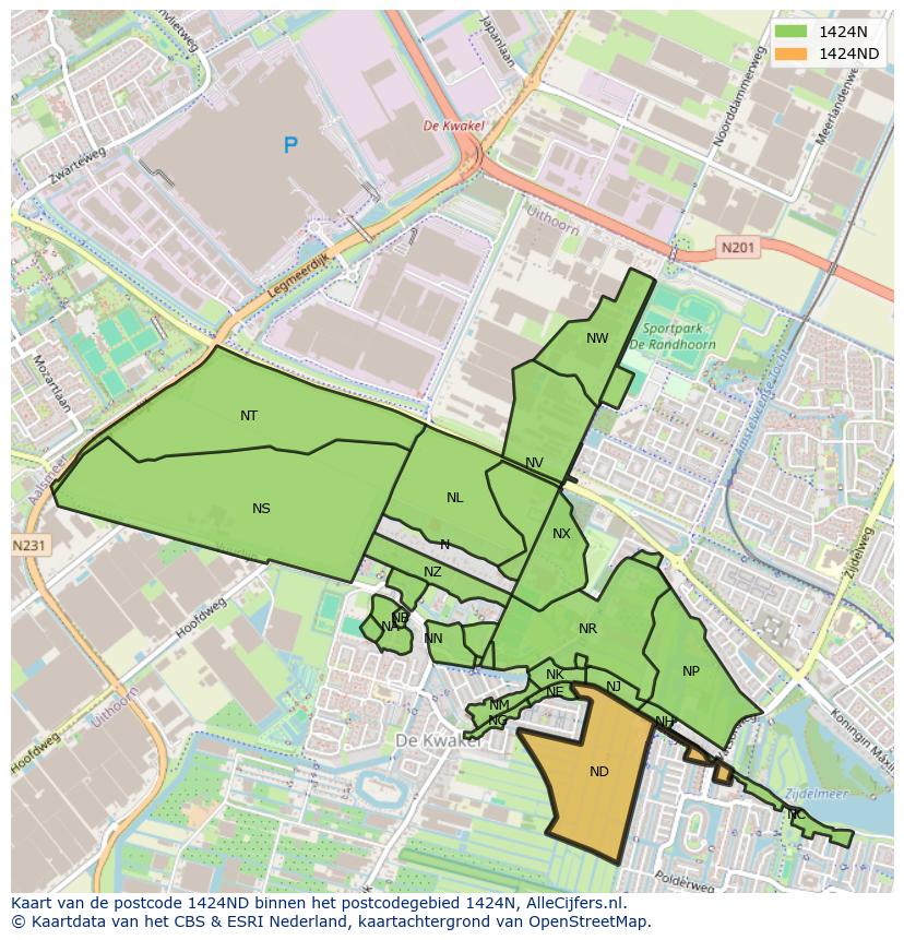 Afbeelding van het postcodegebied 1424 ND op de kaart.