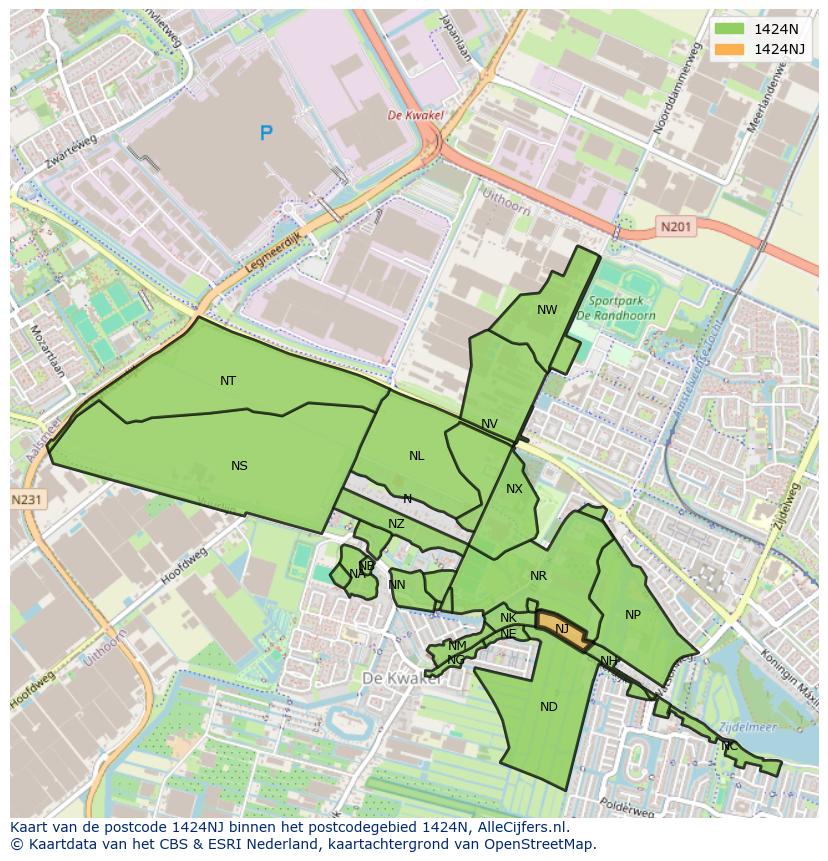 Afbeelding van het postcodegebied 1424 NJ op de kaart.