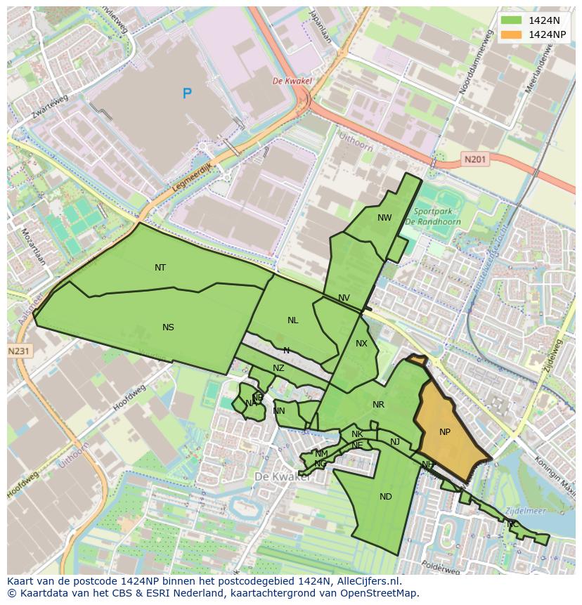 Afbeelding van het postcodegebied 1424 NP op de kaart.