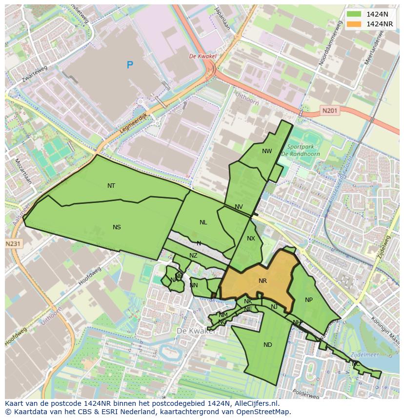 Afbeelding van het postcodegebied 1424 NR op de kaart.