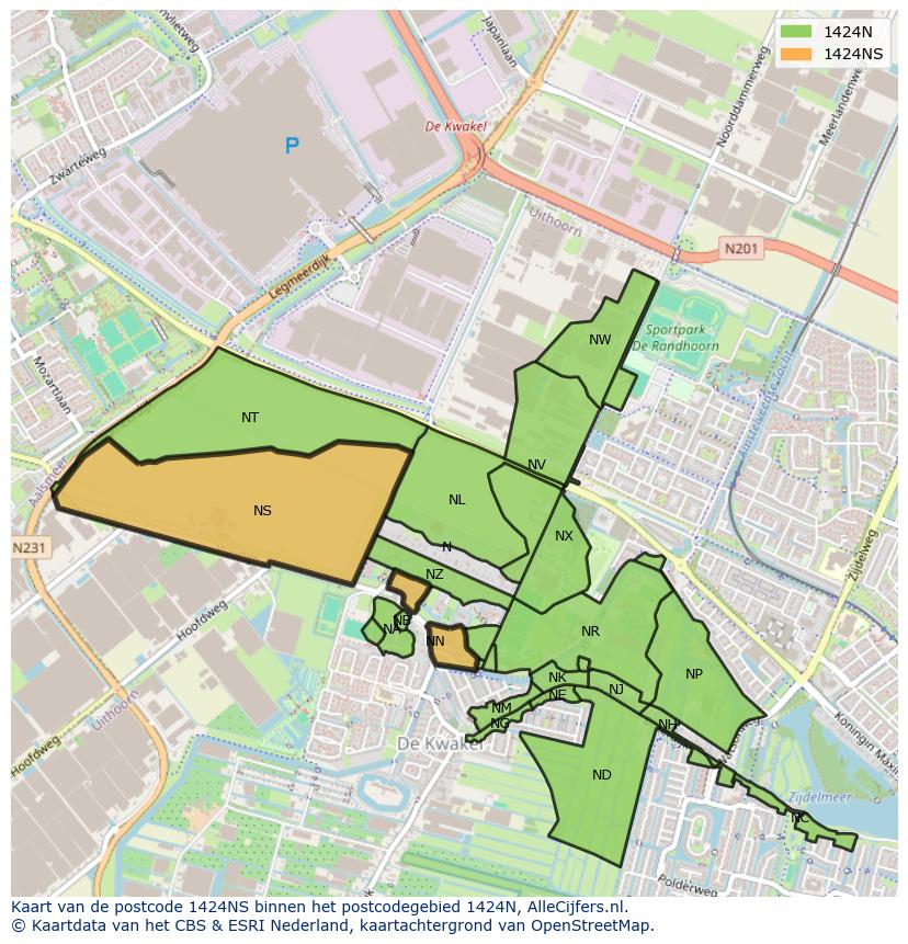 Afbeelding van het postcodegebied 1424 NS op de kaart.