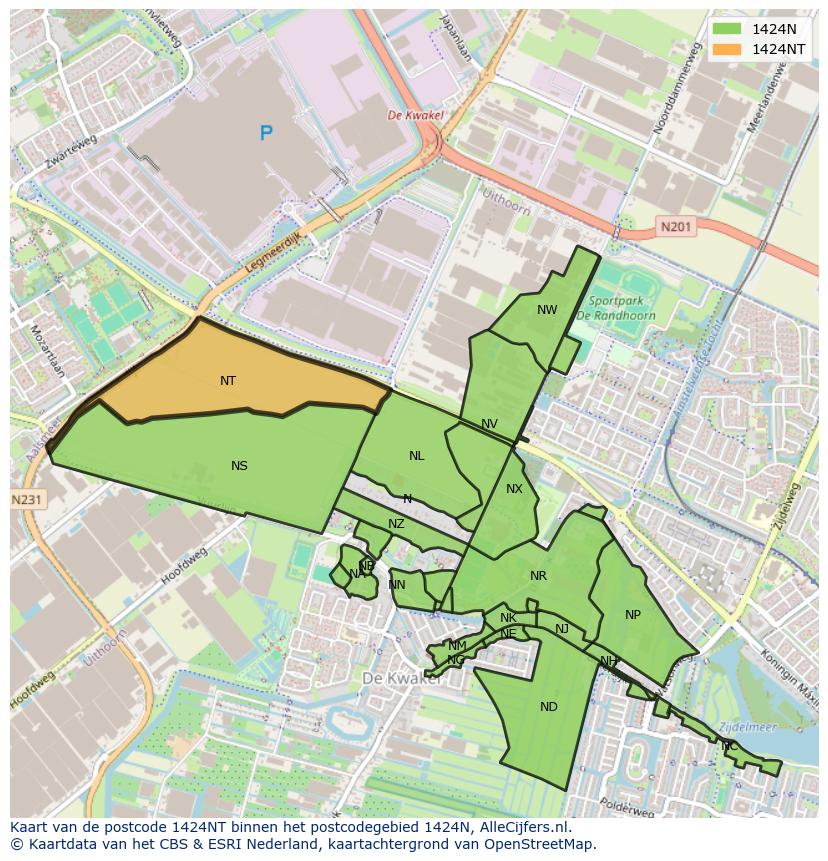 Afbeelding van het postcodegebied 1424 NT op de kaart.