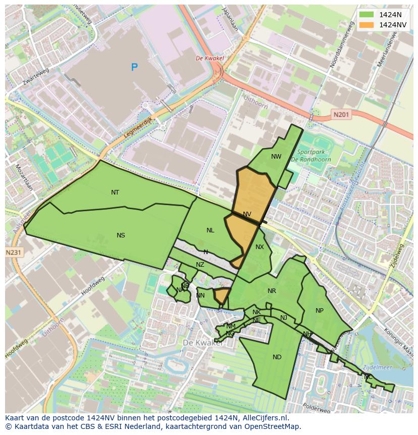 Afbeelding van het postcodegebied 1424 NV op de kaart.