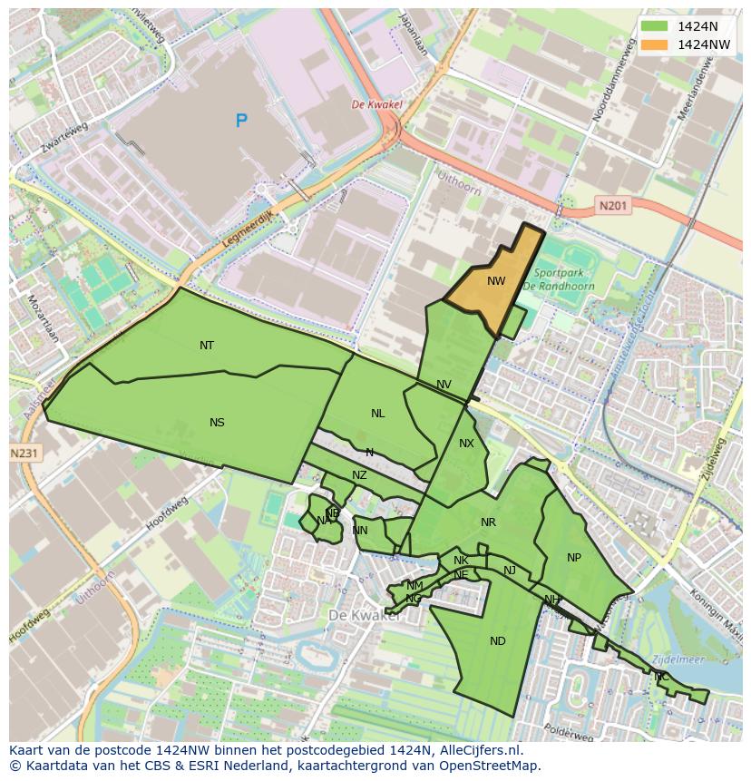 Afbeelding van het postcodegebied 1424 NW op de kaart.