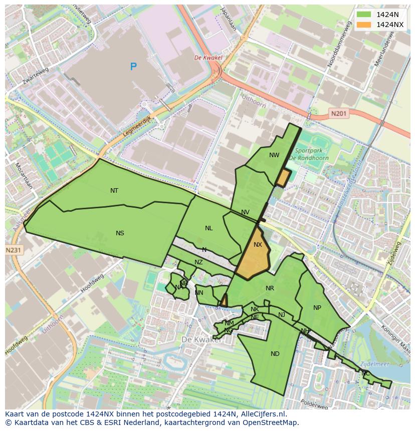 Afbeelding van het postcodegebied 1424 NX op de kaart.